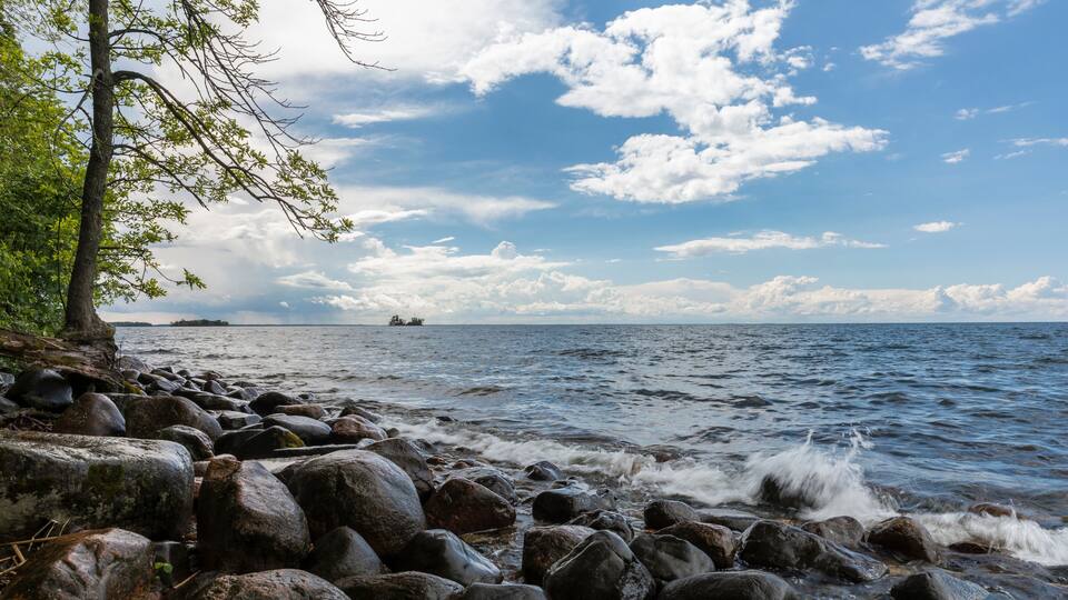 A rocky shoreline with waves, a clear sky, and a distant ship.