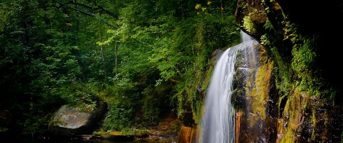 A waterfall cascading over moss-covered rocks in a dense forest.
