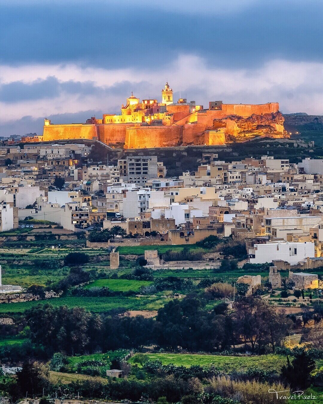 A fortified city with a prominent castle-like structure atop a hill, surrounded by a densely packed urban area with traditional architecture.
