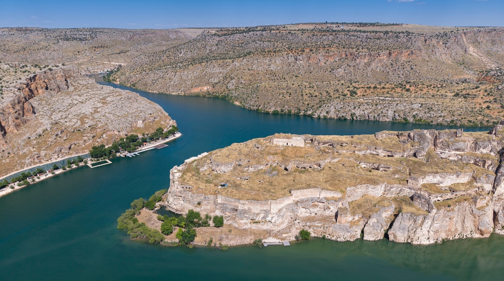 Aerial View of Rumkale Historic Fortress Surrounded by the Euphrates River in Gaziantep, Turkey