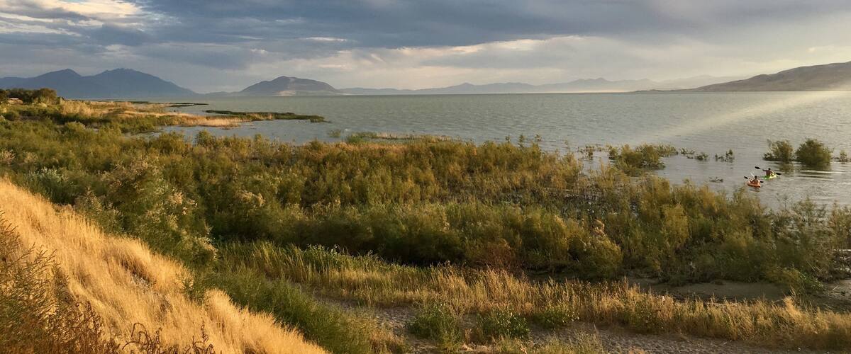A lake with surrounding vegetation and distant mountains under a cloudy sky.