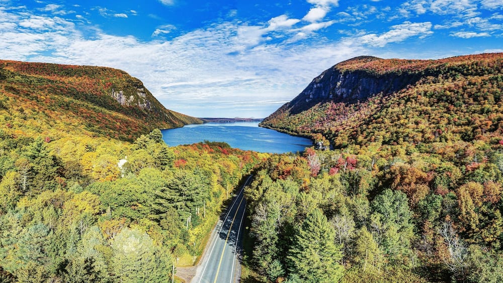 Lake Willoughby, Vermont. Aerial image from the south end during foliage