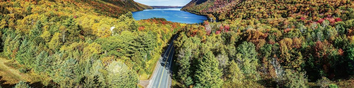 Lake Willoughby, Vermont. Aerial image from the south end during foliage