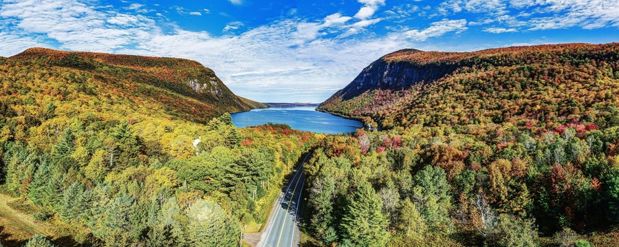 Lake Willoughby, Vermont. Aerial image from the south end during foliage