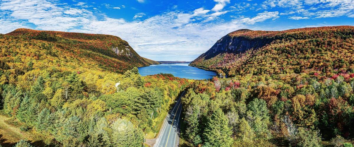 Lake Willoughby, Vermont. Aerial image from the south end during foliage