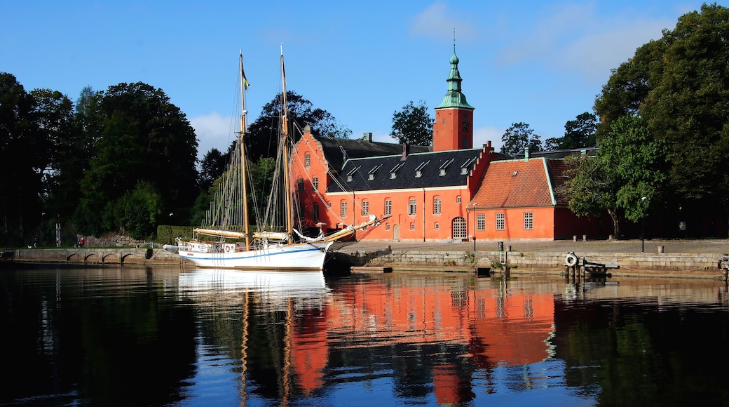 Halmstad Castle (Halmstads slott), a 17th-century castle on the Nissan river in Halmstad, in the province of Halland, Sweden with a two-master moored in front