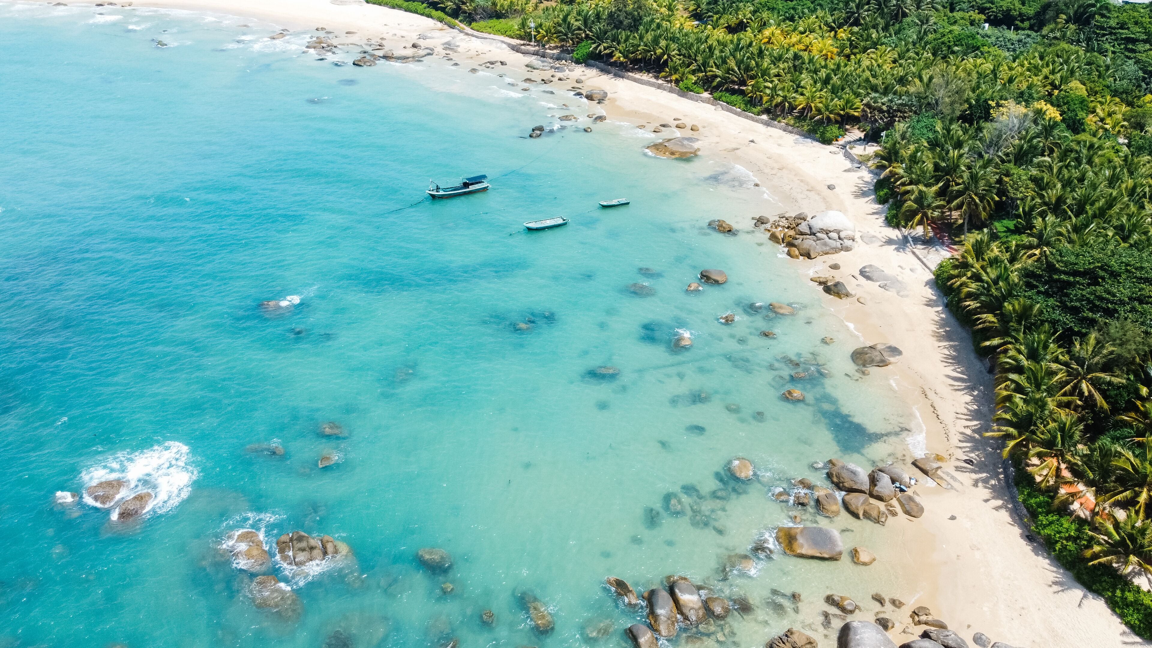 Ariel view of Qishuiwan bay coastline at Wenchang, Hainan, China in summer