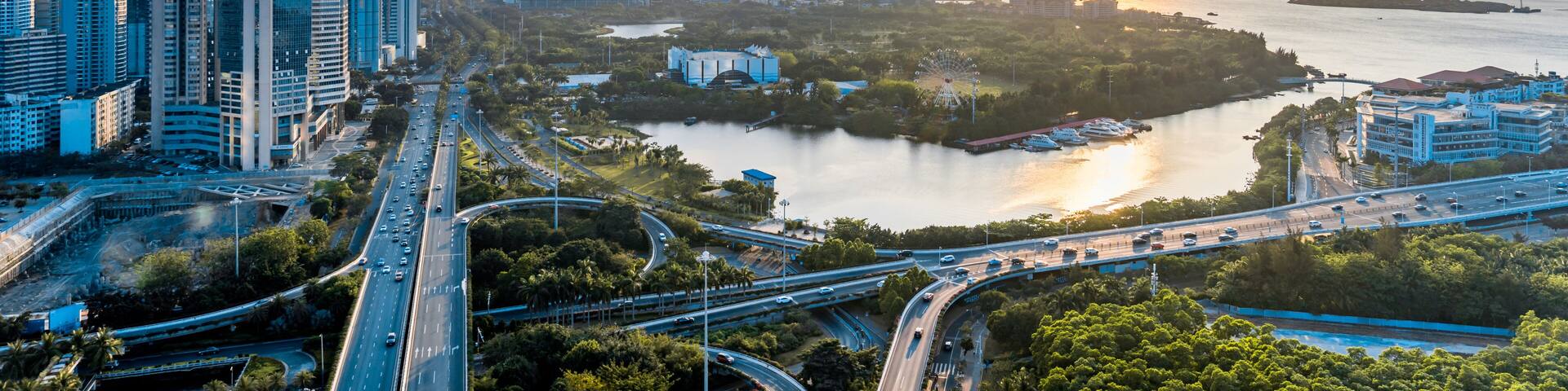 Aerial photography of Haikou International Trade CBD and Binhai Interchange in Hainan, China