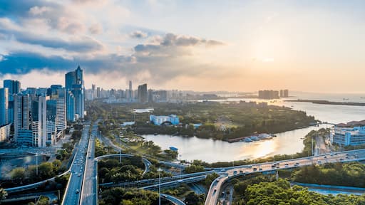 Aerial photography of Haikou International Trade CBD and Binhai Interchange in Hainan, China