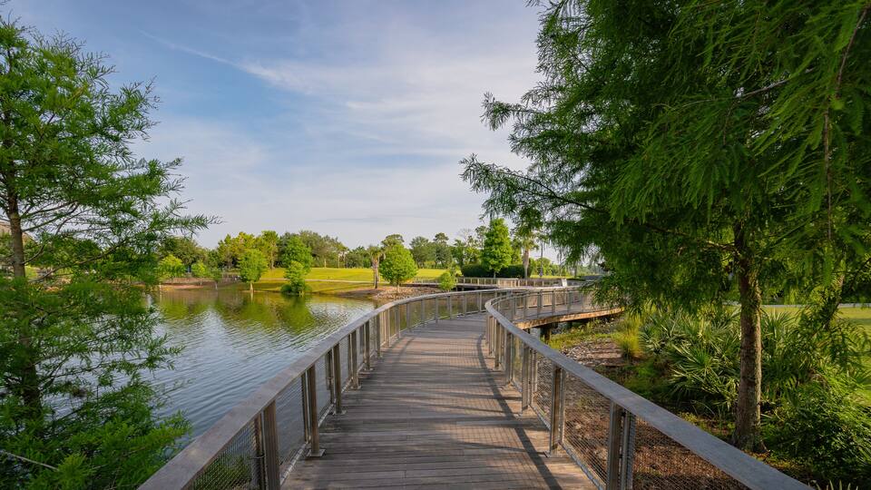 A wooden boardwalk with metal railings, leading over a calm body of water, surrounded by lush greenery and trees.