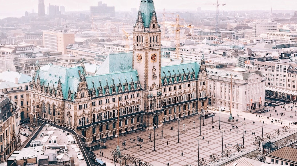 The town hall as seen from the tower of St. Petri, one of Hamburg's main churches. It is located at the Mönckebergstraße and a climb up the tower costs 3 Euro. It is not an easy peasy thing for people who are scared of heights since the staircase makes you kind of giddy. But it is worth the panorama...
#hamburg #germany