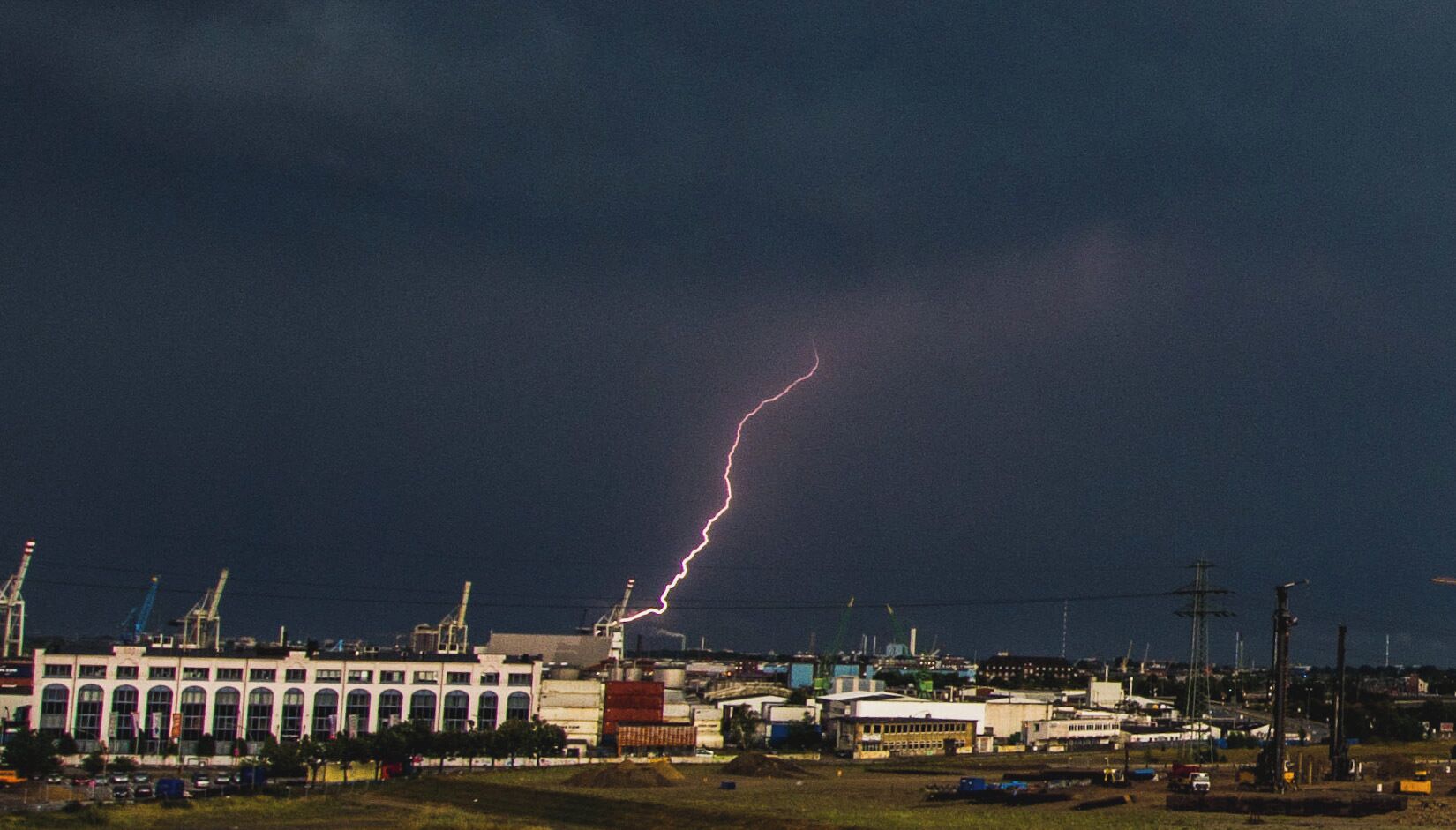 Lightning strikes the dock yard in Hamburg, taken from an aft balcony on MSC Meraviglia.