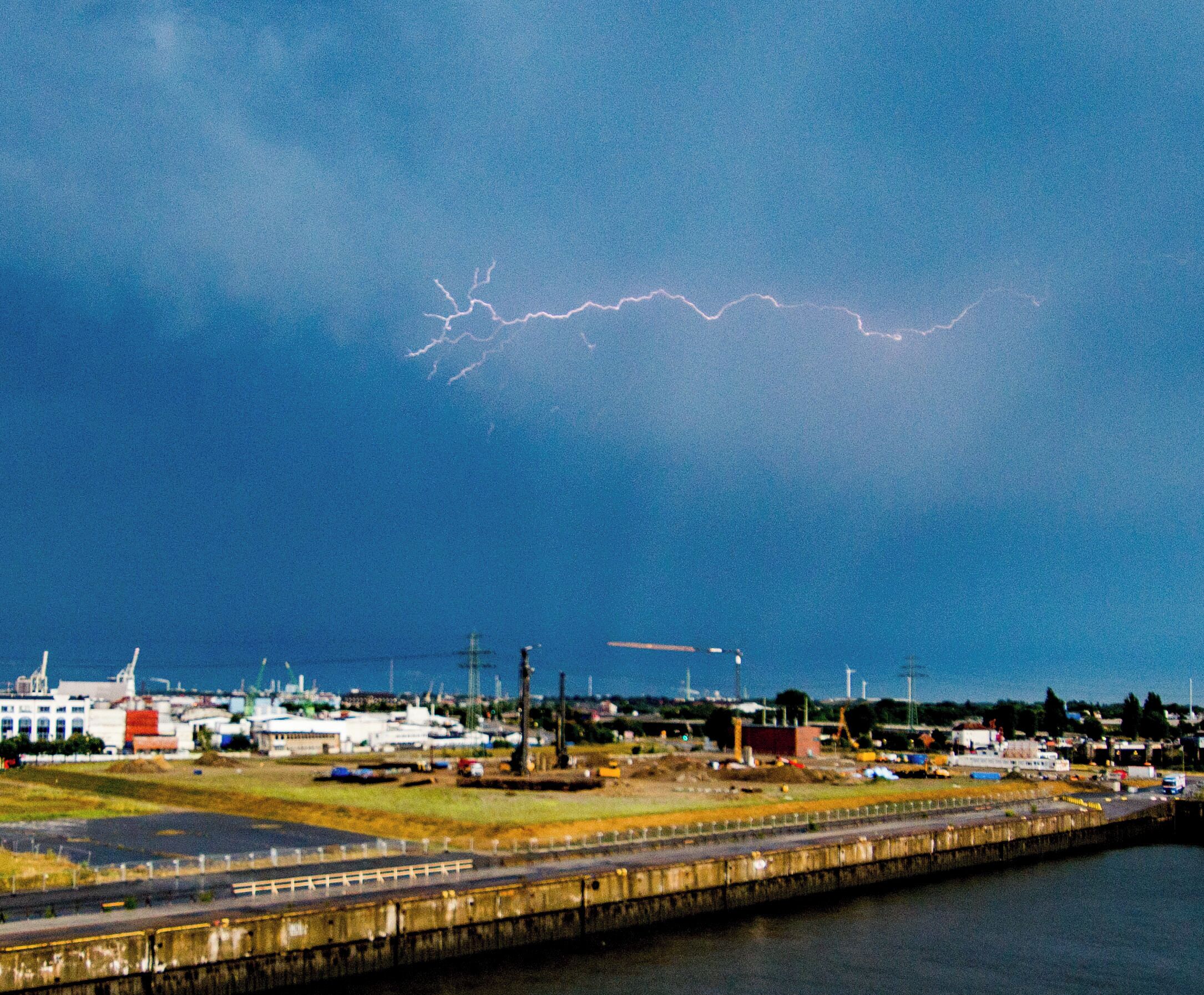 View of lightening from aft balcony of MSC Meraviglia in Hamburg Steinwerder cruise terminal.