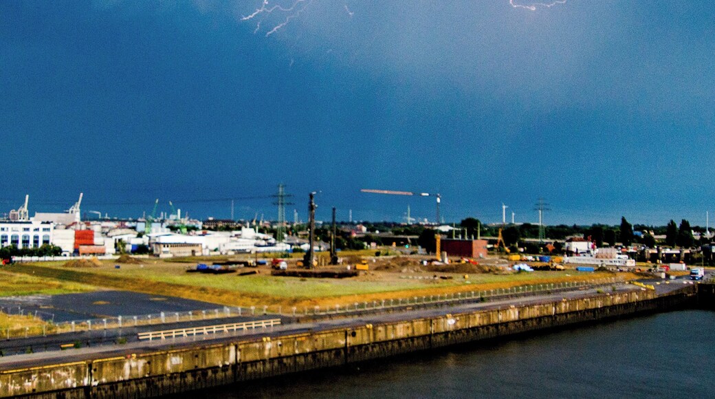 View of lightening from aft balcony of MSC Meraviglia in Hamburg Steinwerder cruise terminal.