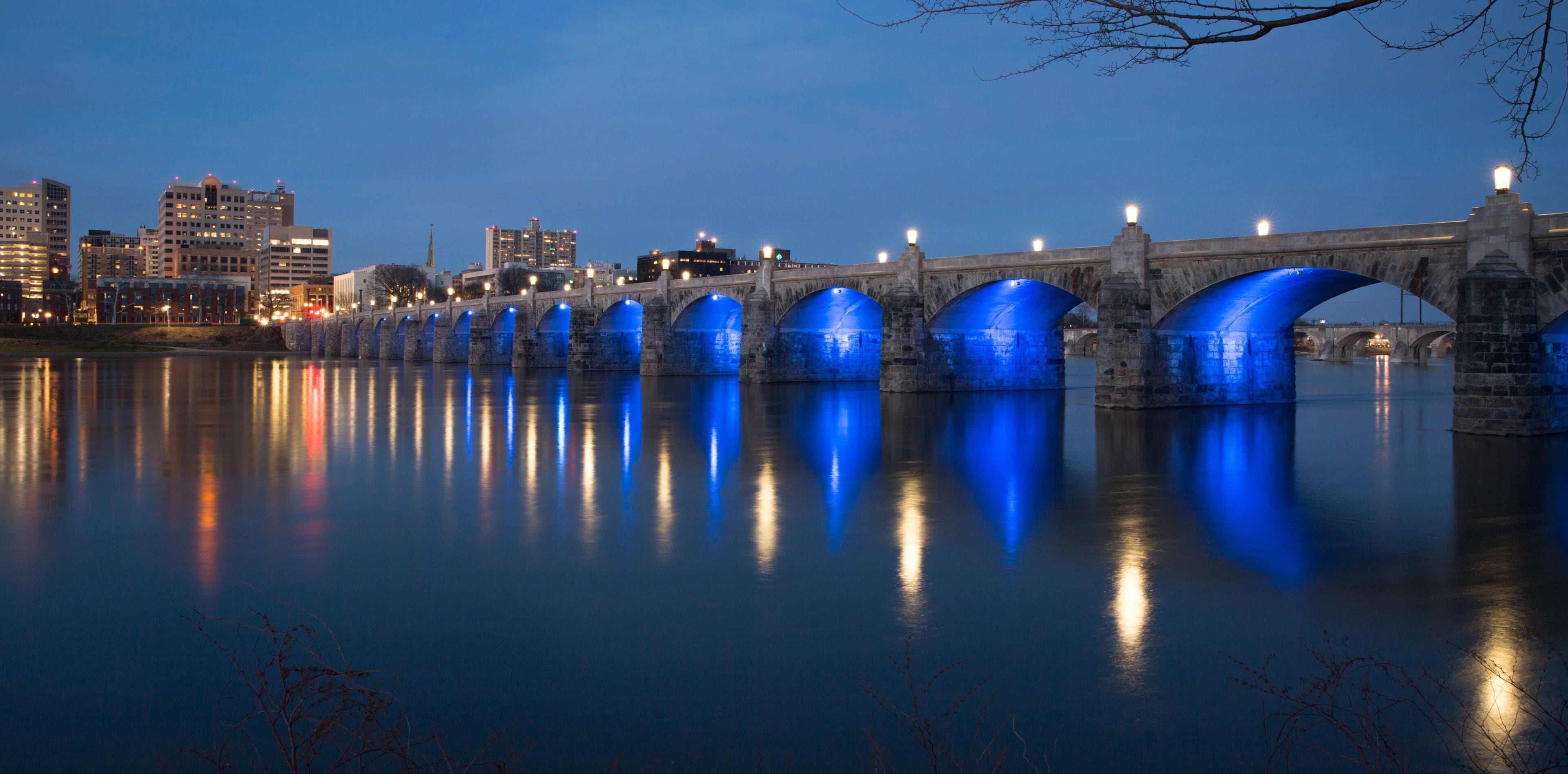 A bridge with blue lighting reflecting on the water, a city skyline in the background, and a clear night sky.