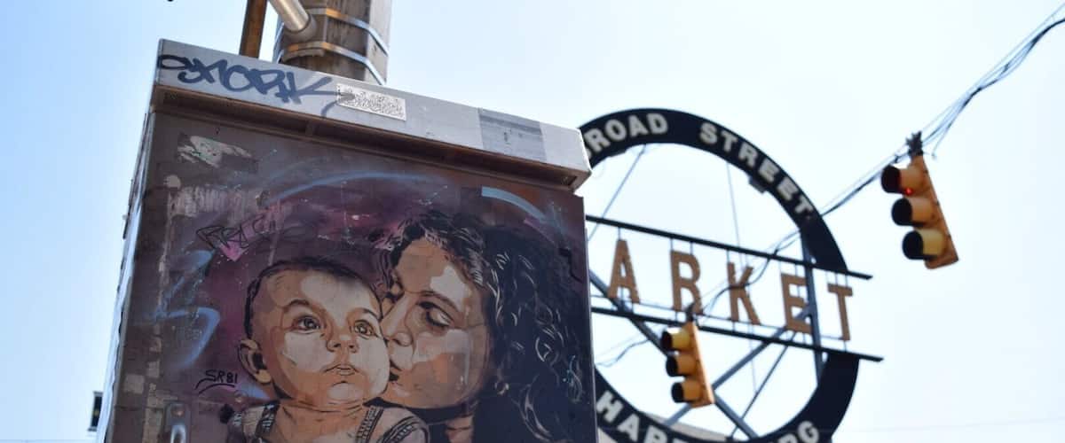 A moving mural outside of the Broad Street market in Harrisburg PA.  The market is getting new life to it, including a great donut shop, gourmet burgers, and excellent coffee.  Definitely worth a trip in.