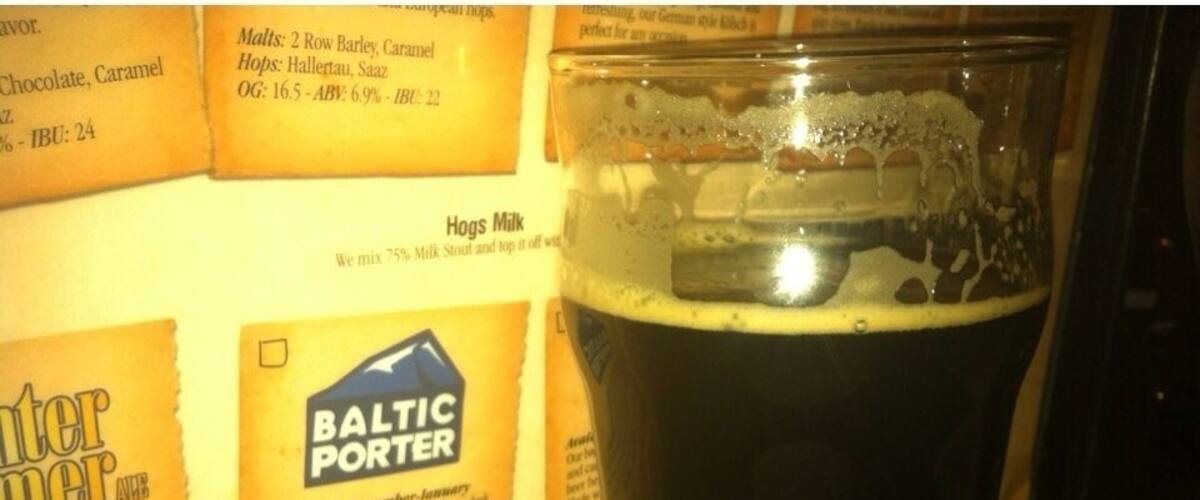 A glass of dark beer with a frothy head, placed on a table with a background featuring beer labels and a sign for Baltic Porter.