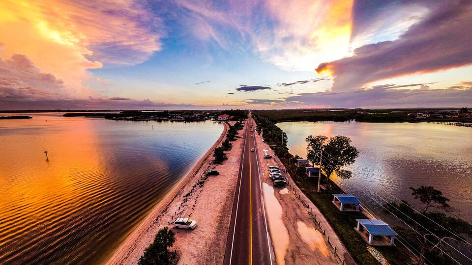 Drone Sunset on the Palma Sola Bay in beautiful Bradenton, Florida.