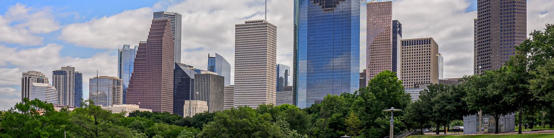 Houston, Texas, city skyline, Close-up view of downtown from Eleanor Tinsley Park, Buffalo Bayou. Urban tourism.