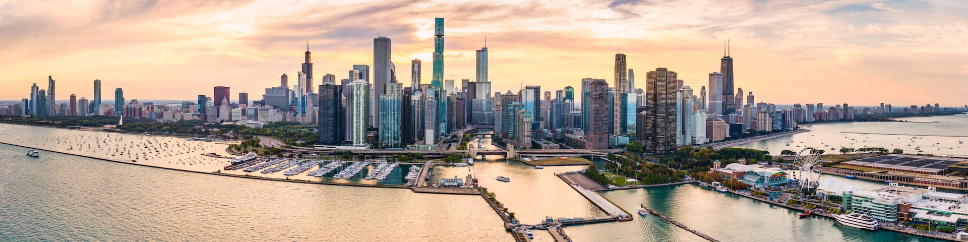 Aerial panorama of Chicago, Illinois skyline at sunset. Chicago is the most populous city in the U.S. state of Illinois and in the Midwestern United States.
