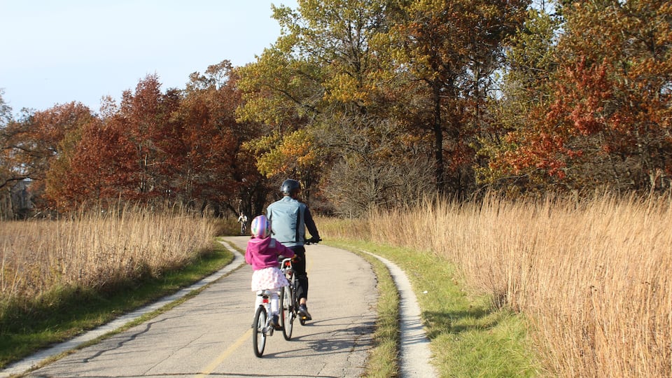 A paved path with cyclists, surrounded by autumn-colored trees and tall grasses.
