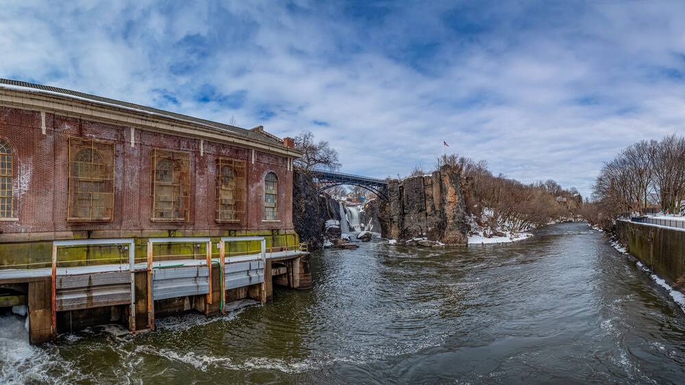 Winter view of The Great Falls of the Passaic River in Paterson, NJ , United States.