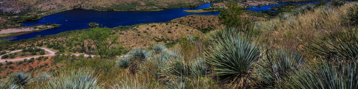 A mountainous landscape with a lake and sparse vegetation.