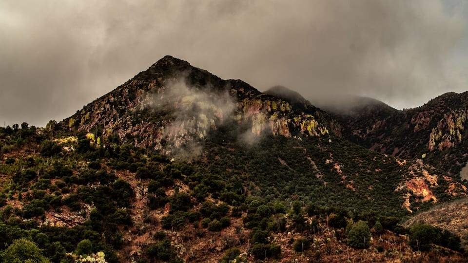 A mountainous landscape with dense vegetation and rocky outcrops.