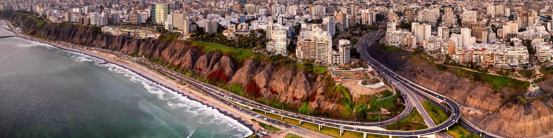 Lima, Peru along the coast also known as Circuito de Playas de la Costa Verde at a golden hour sunset