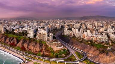 Lima, Peru along the coast also known as Circuito de Playas de la Costa Verde at a golden hour sunset