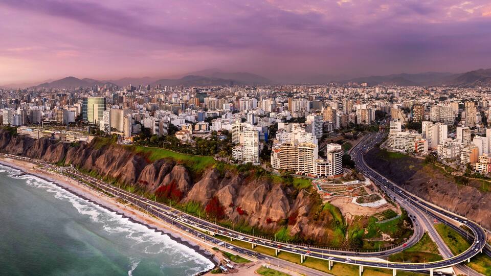Lima, Peru along the coast also known as Circuito de Playas de la Costa Verde at a golden hour sunset
