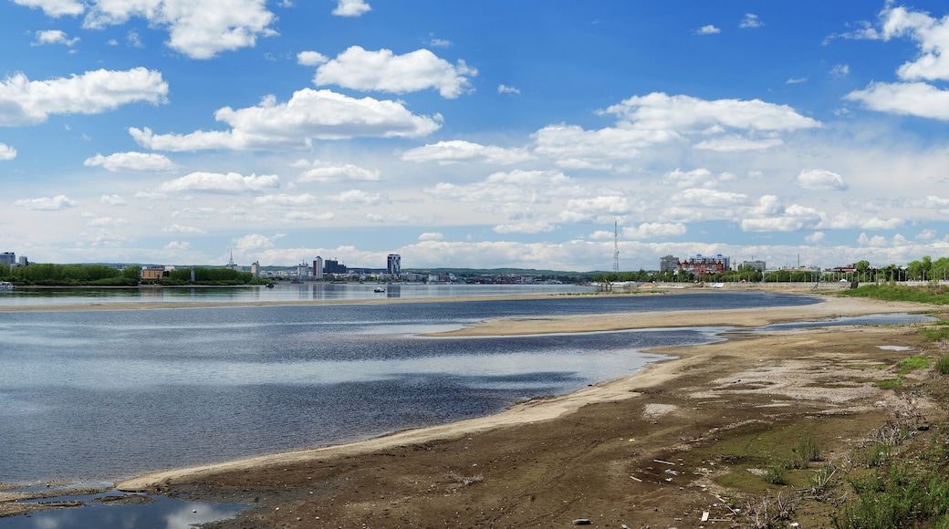 Panorama of Amur River and cities Heihe and Blagoveshchensk