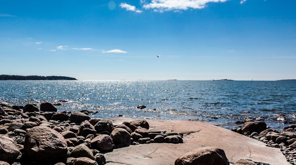 Uma costa rochosa com mar calmo, uma ilha ao longe e céu claro.
