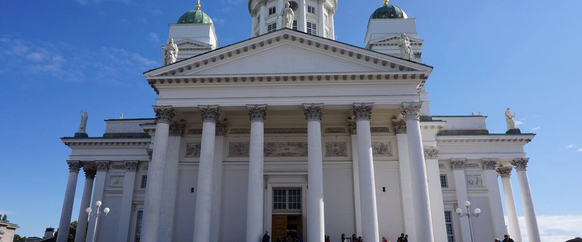 Climbing the steps to the Lutheran Cathedral of Helsinki, Finland (Aug 2014).