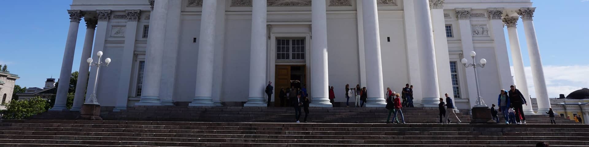 Climbing the steps to the Lutheran Cathedral of Helsinki, Finland (Aug 2014).