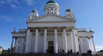Climbing the steps to the Lutheran Cathedral of Helsinki, Finland