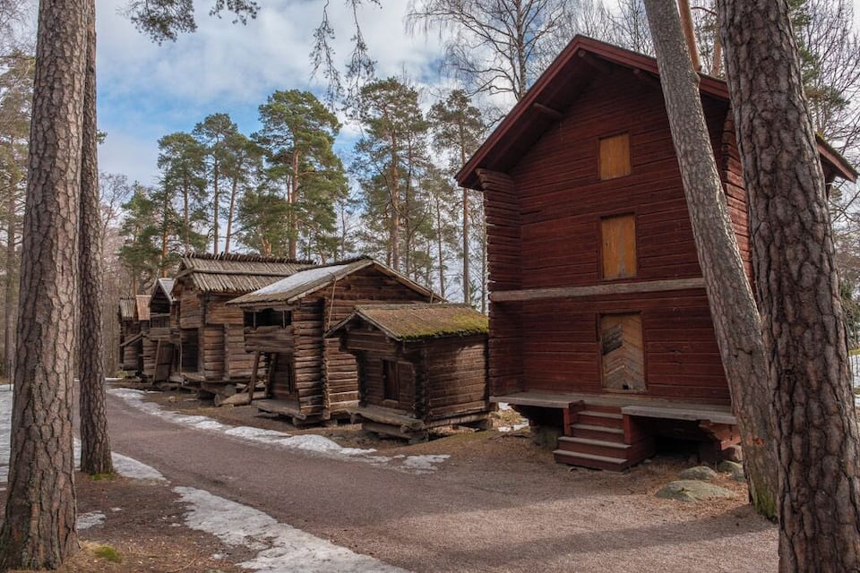 A row of wooden cabins surrounded by tall pine trees.