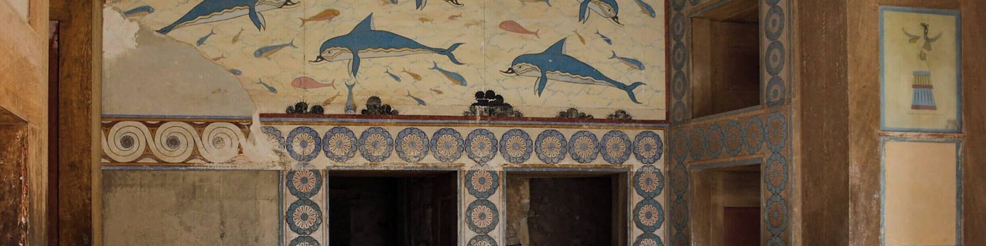 Dolphin fresco at the Minoan ruins of Knossos, the largest of the Minoan palaces and cities on the island of Crete. The room is largely a reconstruction by the British archaeologist Sir Arthur Evans and his team in the early twentieth-century.
http://timeanddestination.com/minoans/