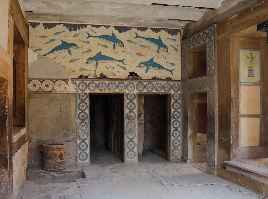 Dolphin fresco at the Minoan ruins of Knossos, the largest of the Minoan palaces and cities on the island of Crete. The room is largely a reconstruction by the British archaeologist Sir Arthur Evans and his team in the early twentieth-century.
http://timeanddestination.com/minoans/