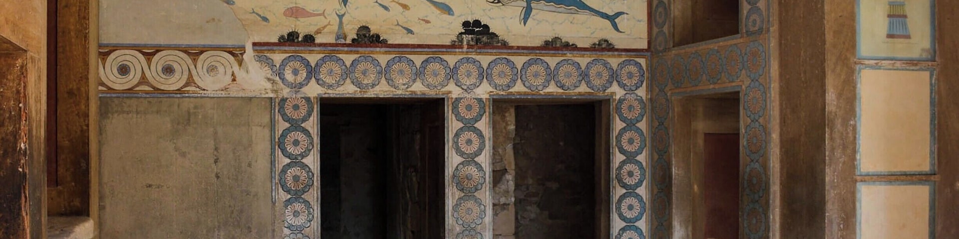 Dolphin fresco at the Minoan ruins of Knossos, the largest of the Minoan palaces and cities on the island of Crete. The room is largely a reconstruction by the British archaeologist Sir Arthur Evans and his team in the early twentieth-century.
http://timeanddestination.com/minoans/