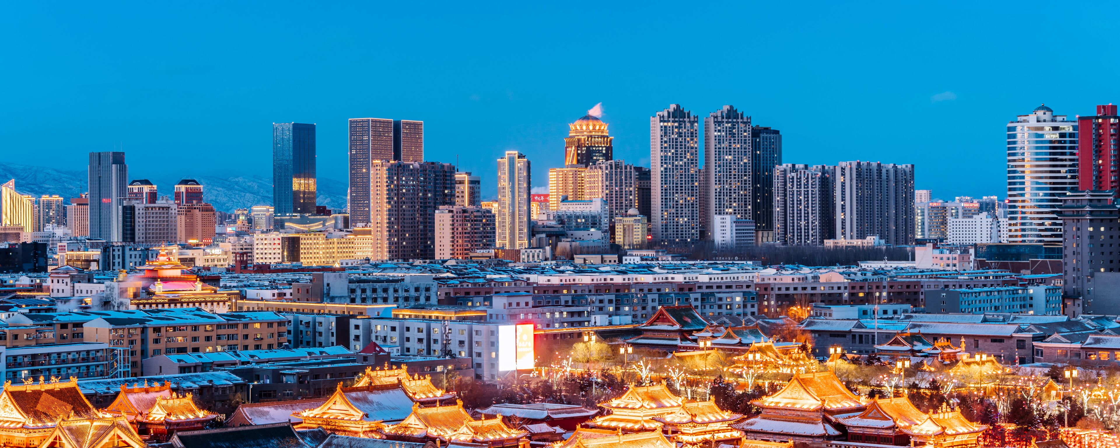 Winter Scenery of Dazhao Temple and Urban Skyline in Hohhot, Inner Mongolia, China