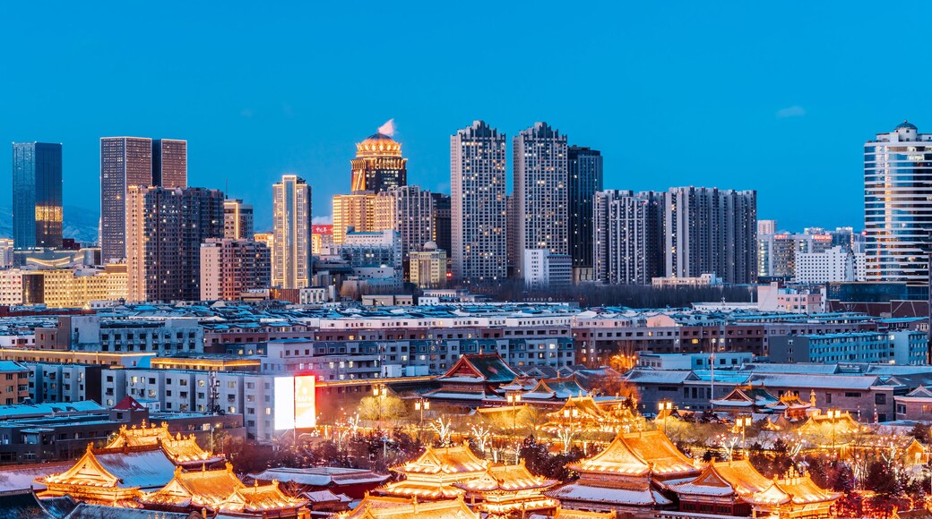 Winter Scenery of Dazhao Temple and Urban Skyline in Hohhot, Inner Mongolia, China