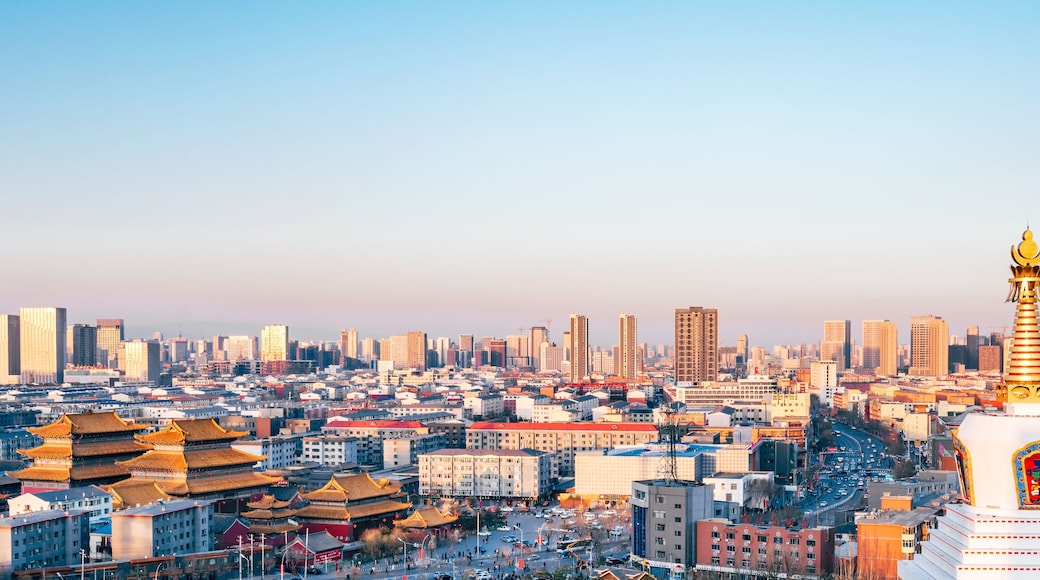 Dusk scenery of Guanyin temple and Baoerhan Pagoda in Hohhot, Inner Mongolia