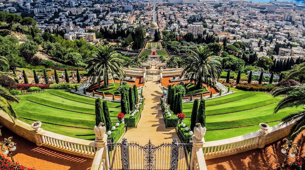 Bahá'í Gardens in Haifa, Israel. It comprises a staircase of nineteen terraces extending all the way up the northern slope of Mount Carmel. Bahá'í is a monotheistic religion which emphasizes the spiritual unity of all humankind.