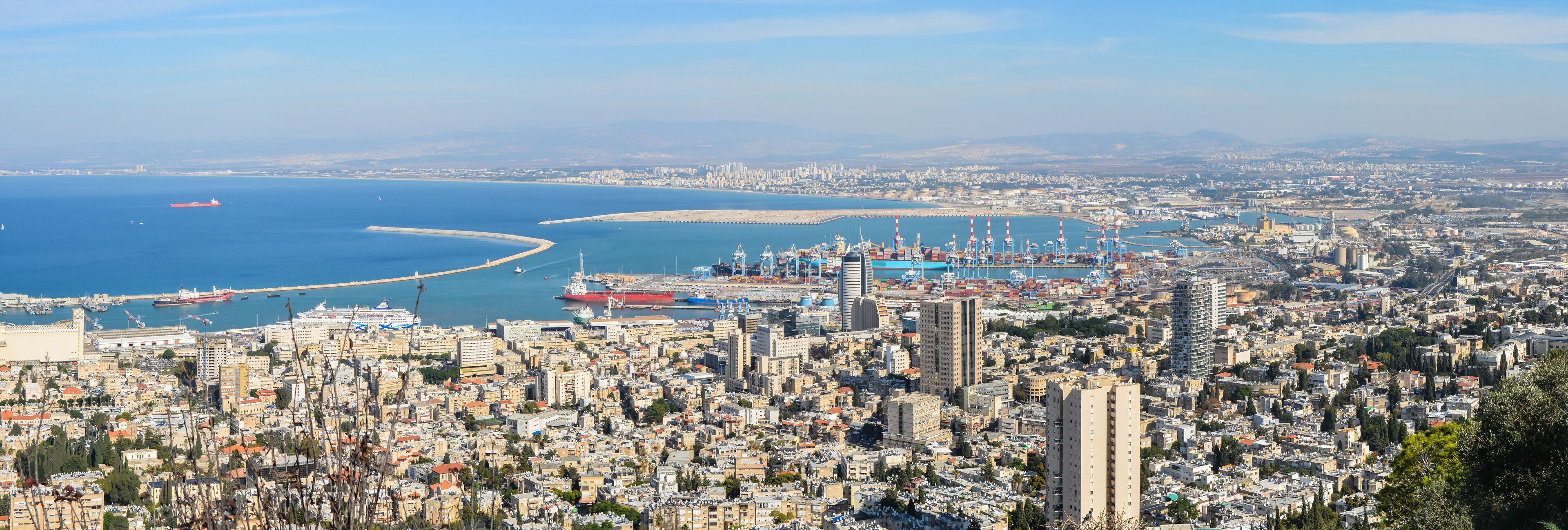 A coastal cityscape with a marina, ships, and a curved breakwater.