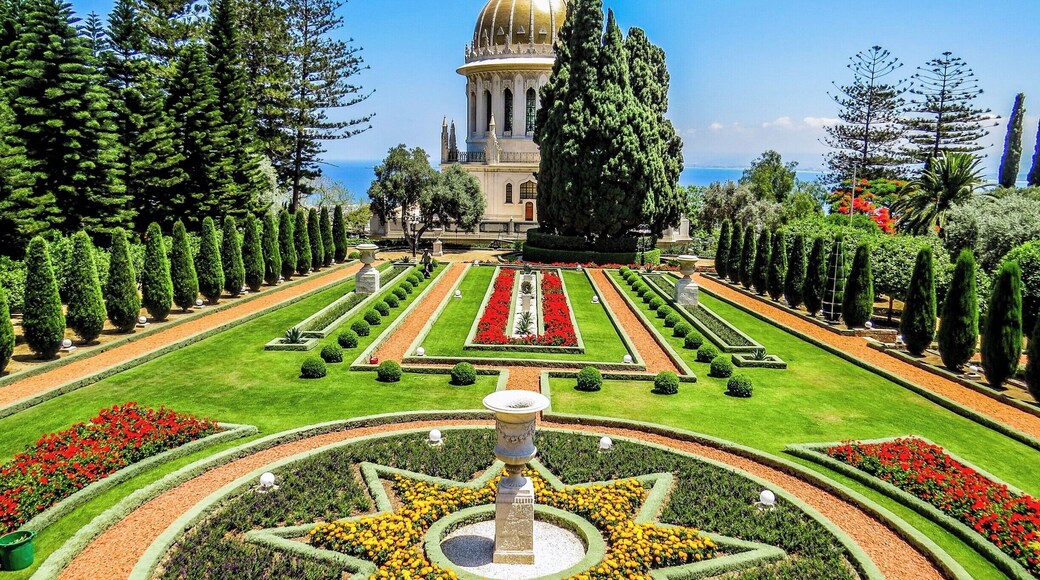 Bahá'í Gardens in Haifa, Israel. It comprises a staircase of nineteen terraces extending all the way up the northern slope of Mount Carmel. Bahá'í is a monotheistic religion which emphasizes the spiritual unity of all humankind.