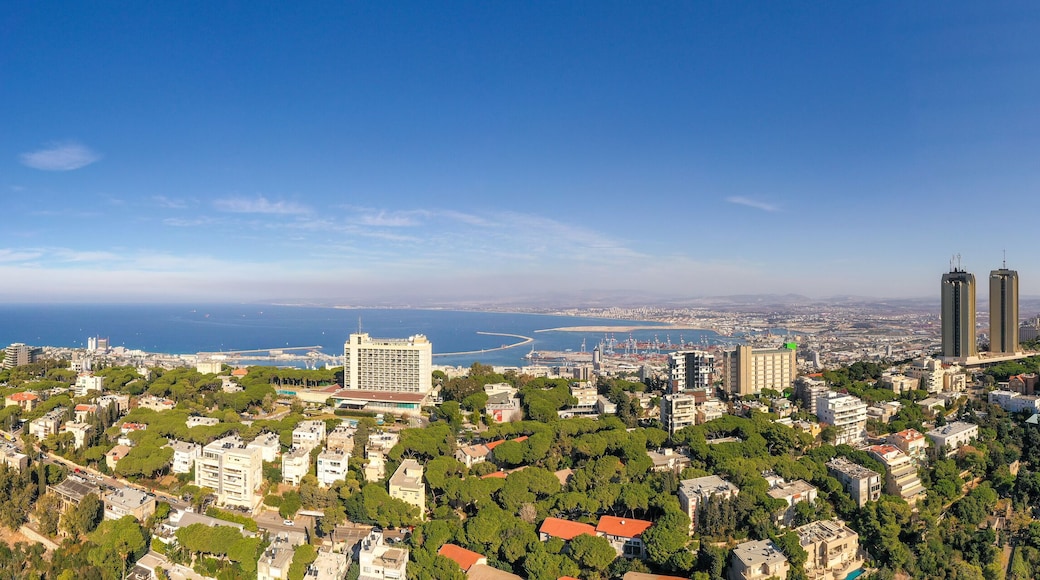 Aerial image of Haifa, Israel, showing houses on central Carmel area with Haifa bay in the background.