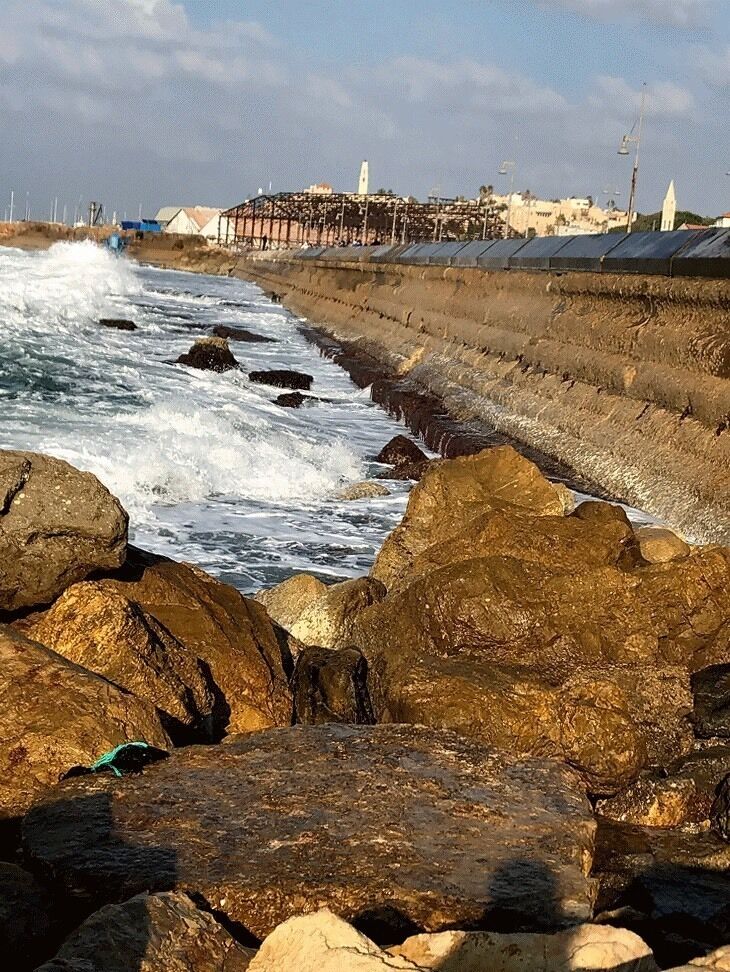 A rocky shoreline with waves crashing against a sea wall, a pier extending into the water, and buildings in the background.