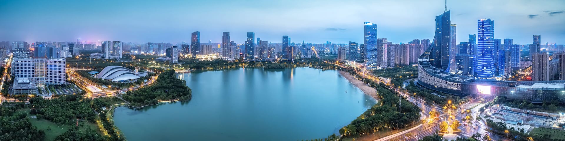 Aerial photo of a large panoramic night view of Hefei City in Anhui Province..