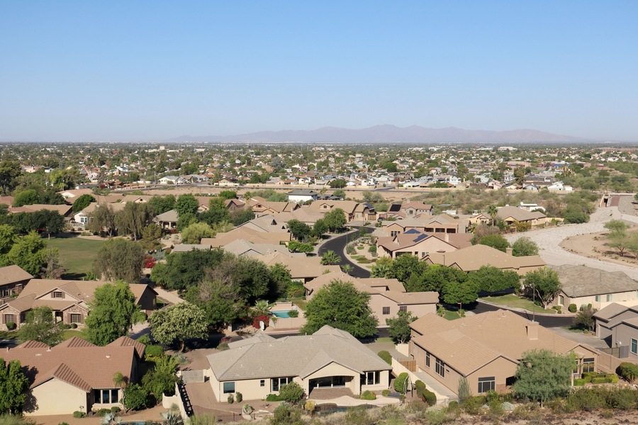 Aerial view of Vision Hills and North-West valley of the Sun next to the Loop-101 highway, Phoenix, Arizona